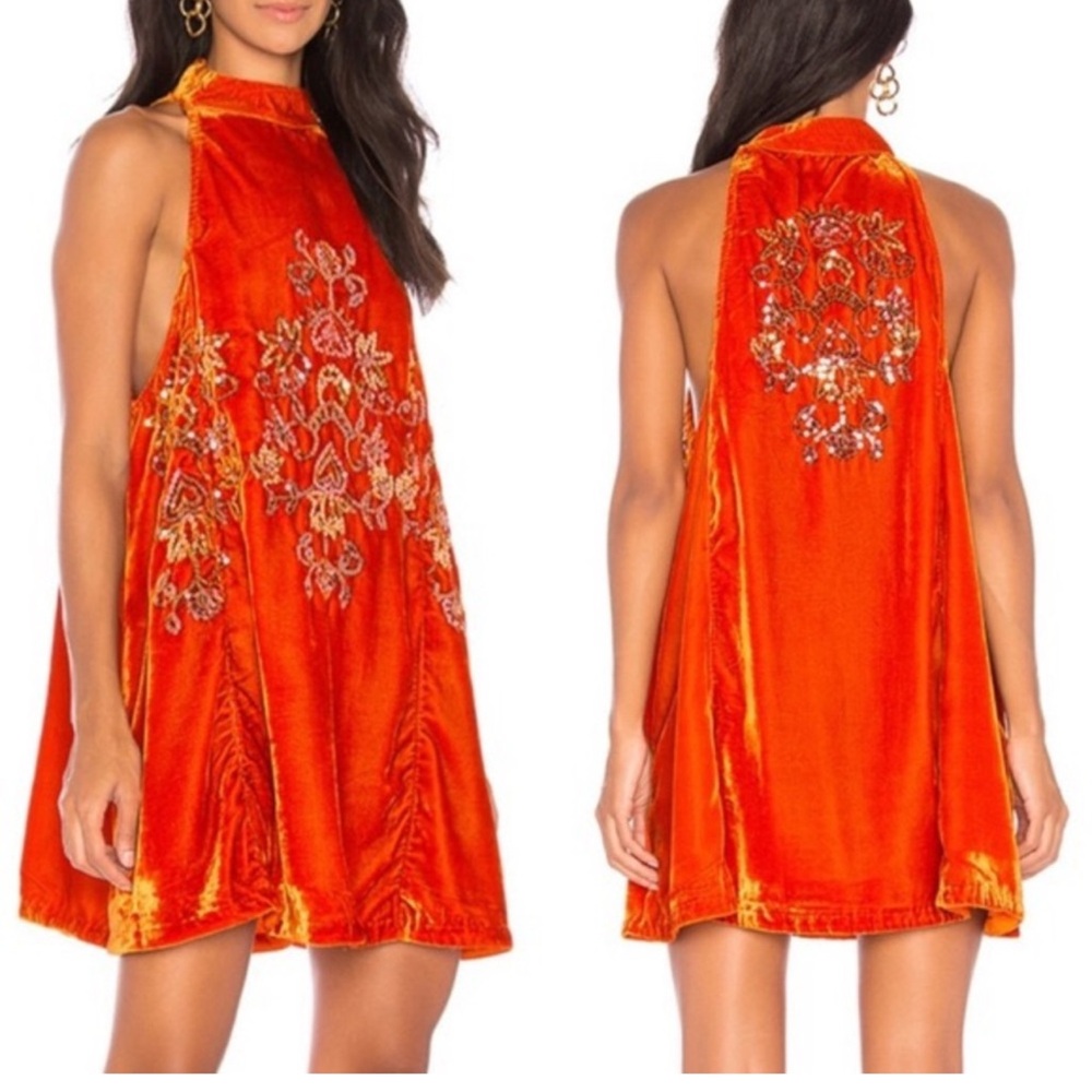 Gorgeous Free People “Jill” Orange velvet Embellished Dress